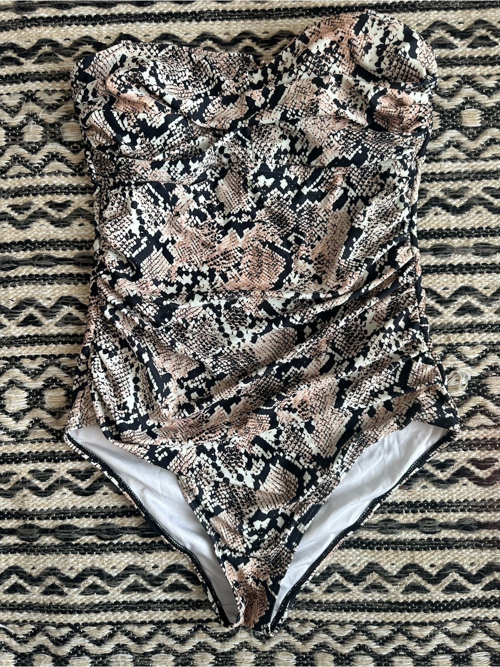 Strapless Snake-Print One-Piece Swimsuit in Black and Tan